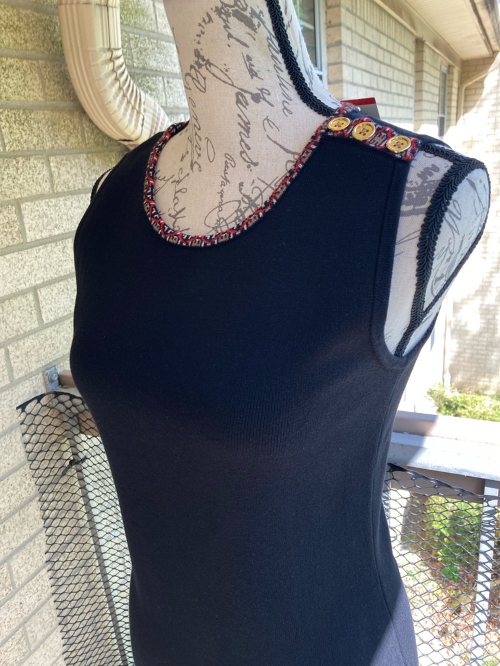 Jones New York Black Ribbed Knit Dress Sleeveless Geometric Trim Sweater Dress - Picture 3 of 13